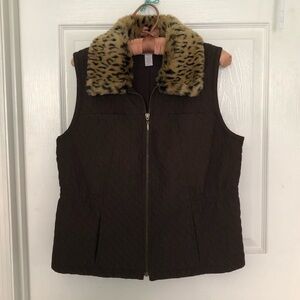 Chico's Brown Vest with Leopard Print Collar